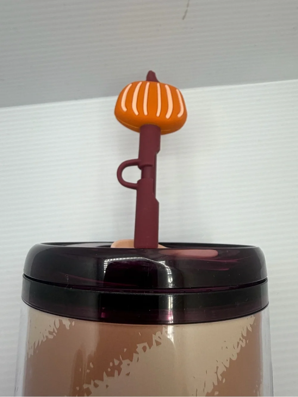 Starbucks Diagonal Striped Tumbler - Brown, Cream & Orange With Pumpkin Topper